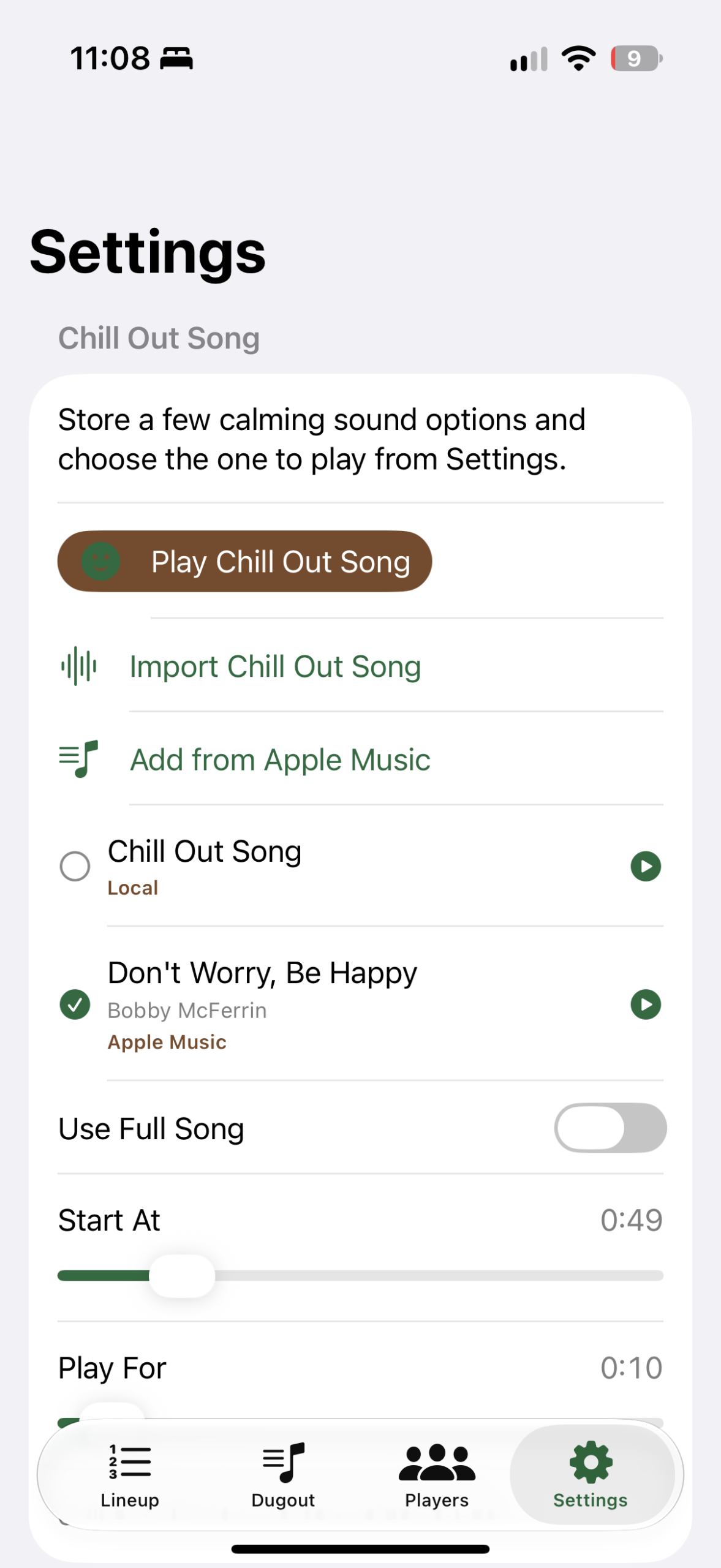 WalkUpJam chill-out song settings